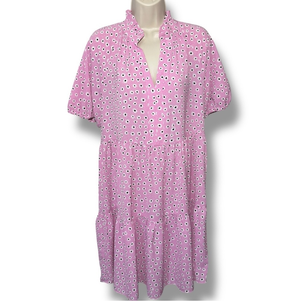 CeCe Women’s Puff Sleeve Tiered V-neck Baby Doll Dress Bright Peony Size Medium
